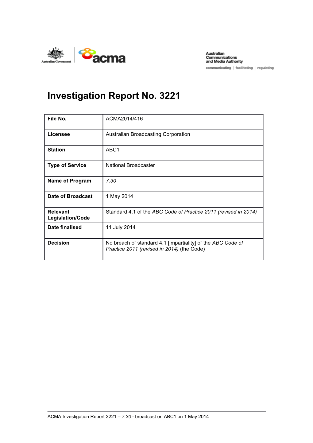 Investigation Report No. 3221