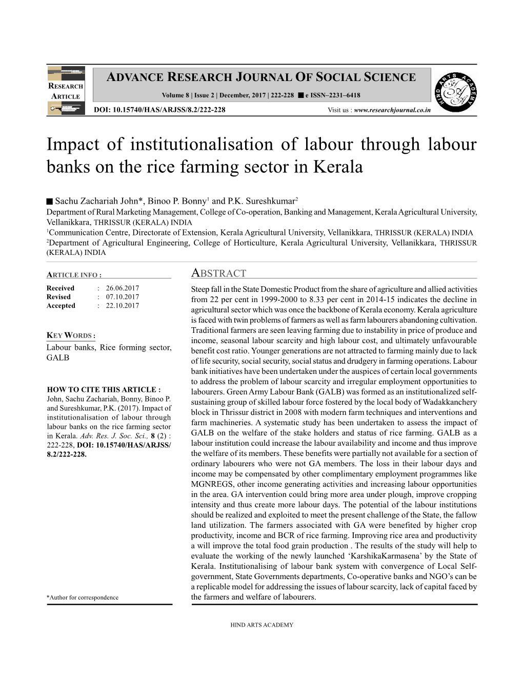 Impact of Institutionalisation of Labour Through Labour Banks on the Rice Farming Sector in Kerala