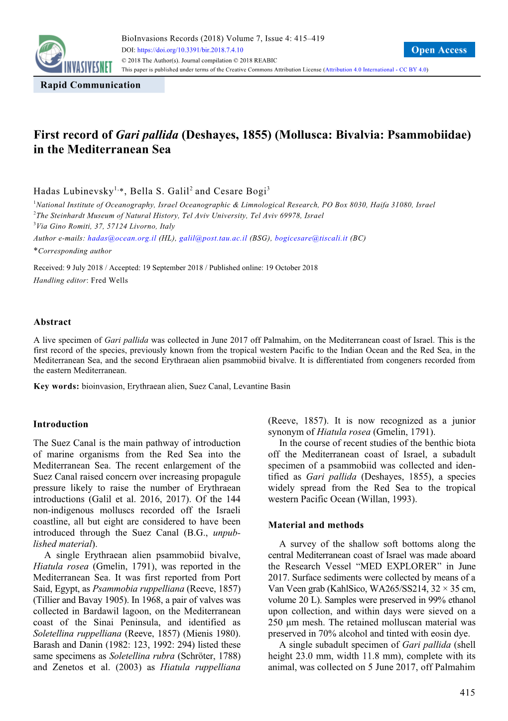 First Record of Gari Pallida (Deshayes, 1855) (Mollusca: Bivalvia: Psammobiidae) in the Mediterranean Sea