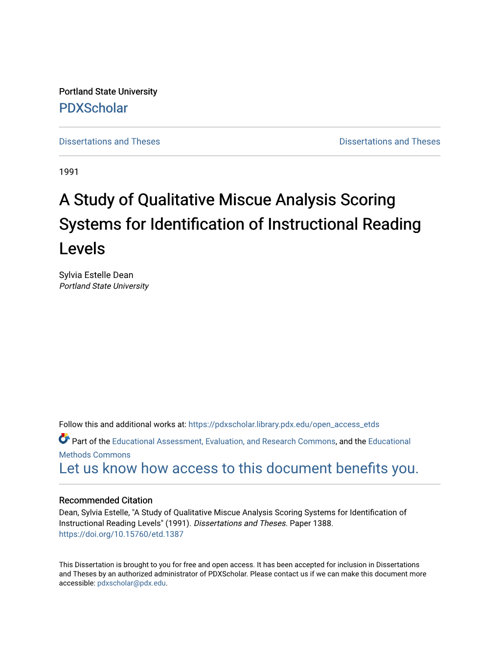 A Study of Qualitative Miscue Analysis Scoring Systems for Identification of Instructional Reading Levels