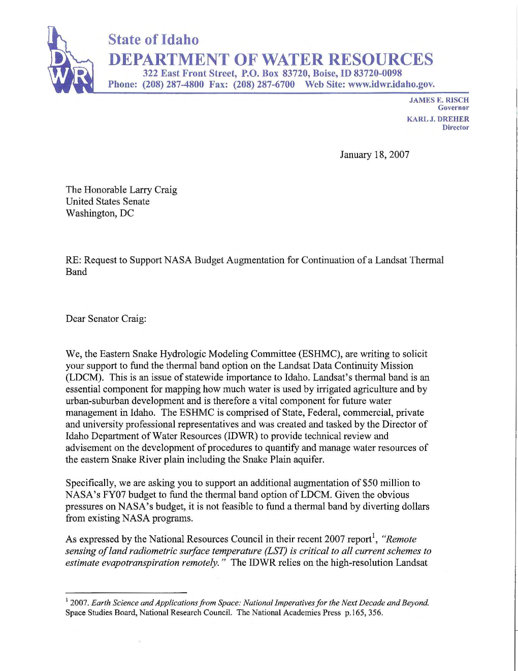 Letter to Senator Larry Craig | January 18, 2007