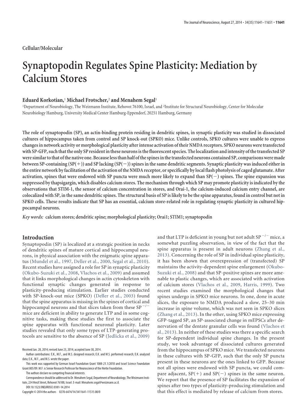 Synaptopodin Regulates Spine Plasticity: Mediation by Calcium Stores