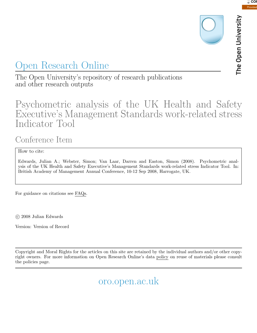 Open Research Online Psychometric Analysis of the UK Health And