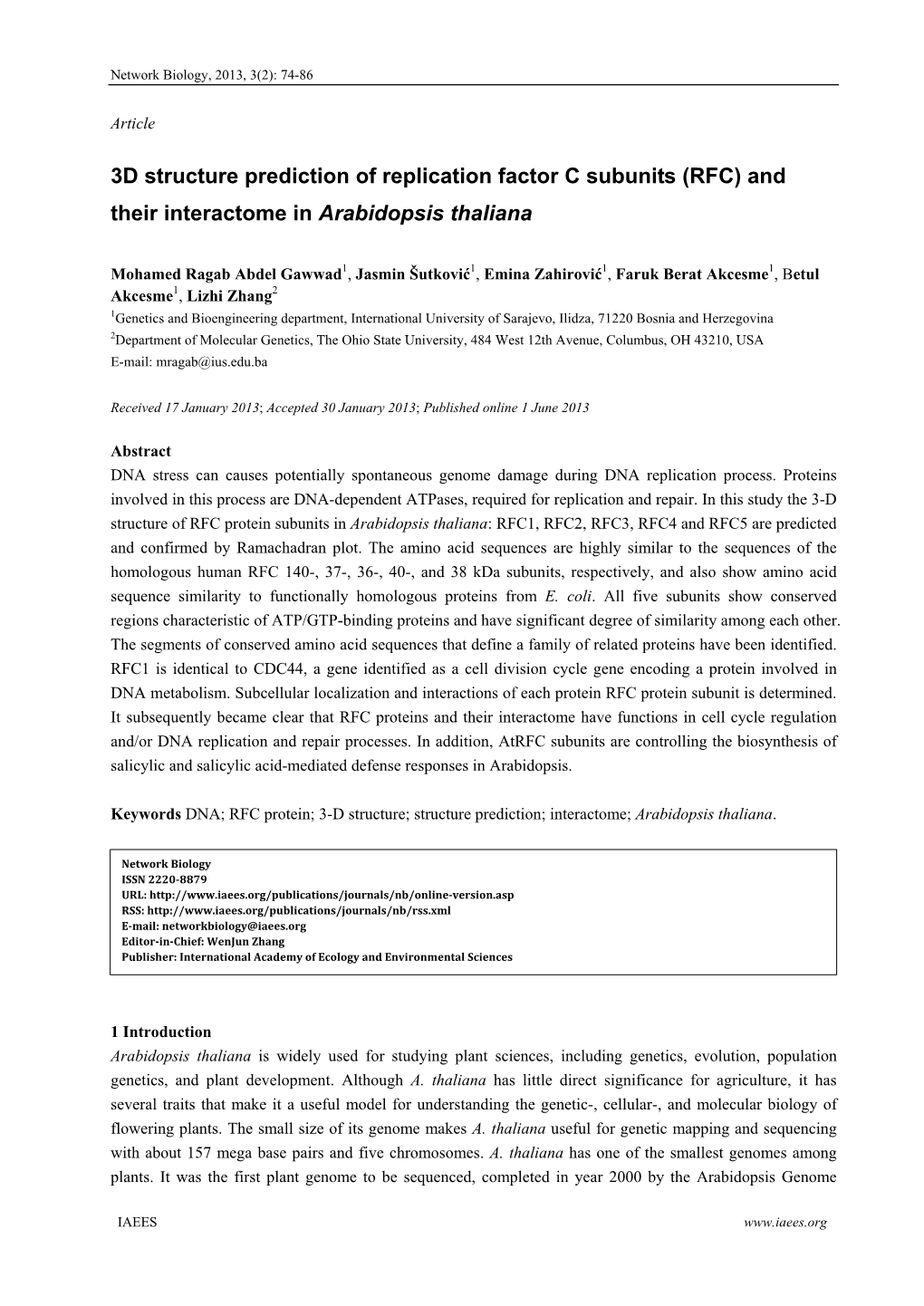 3D Structure Prediction of Replication Factor C Subunits (RFC) and Their Interactome in Arabidopsis Thaliana