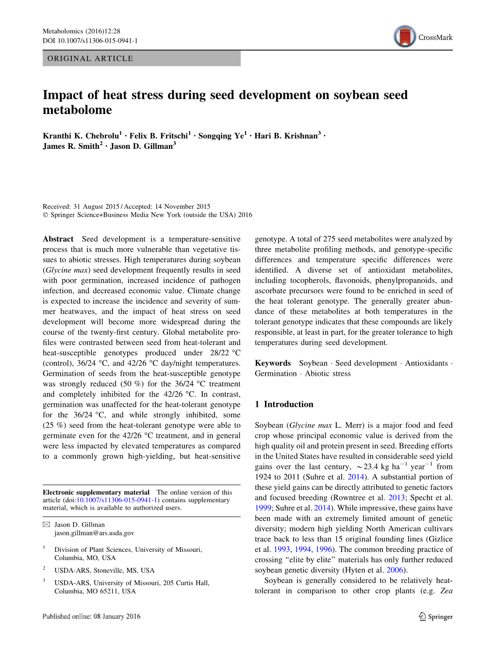 Impact of Heat Stress During Seed Development on Soybean Seed Metabolome