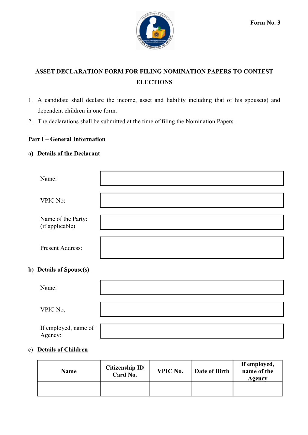 Asset Declaration Form for Filing Nomination Papers to Contest Elections