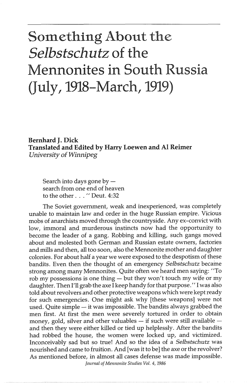 Something About the Selbstschutz of the Mennonites in South Russia Uly, 1918-March, 1919