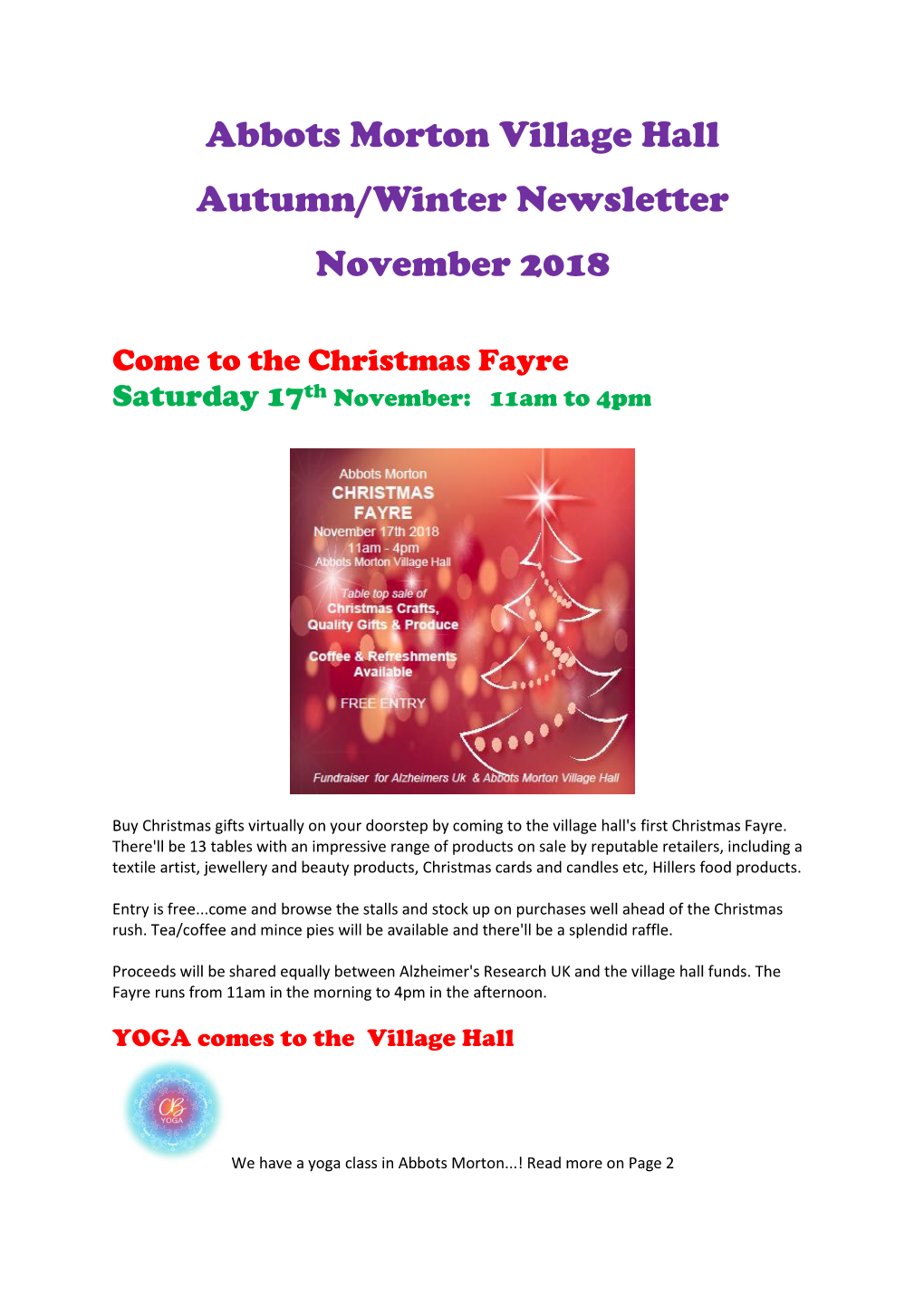 Abbots Morton Village Hall Autumn/Winter Newsletter November 2018