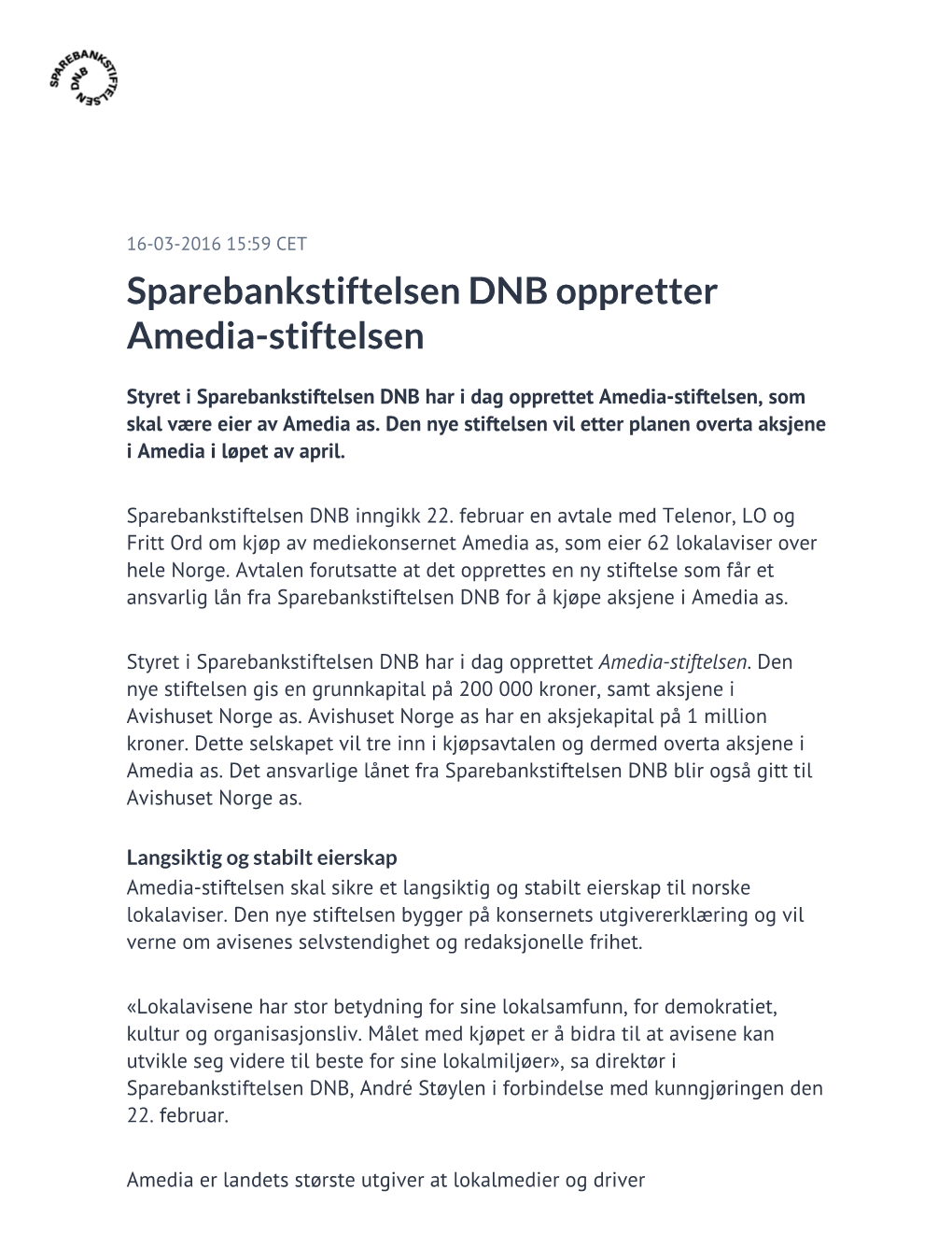 Sparebankstiftelsen DNB Oppretter Amedia-Stiftelsen