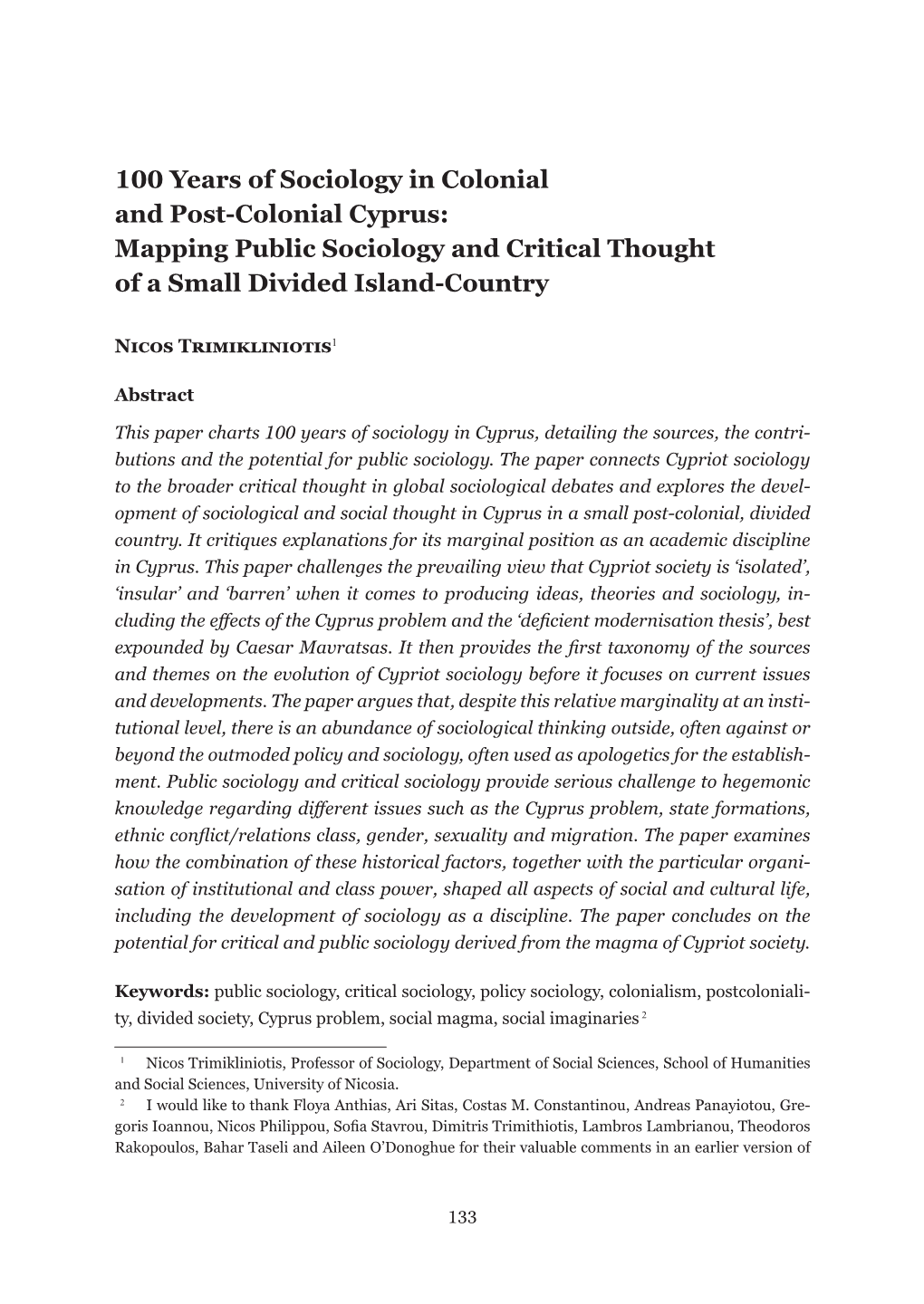 100 Years of Sociology in Colonial and Post-Colonial Cyprus: Mapping Public Sociology and Critical Thought of a Small Divided Island-Country