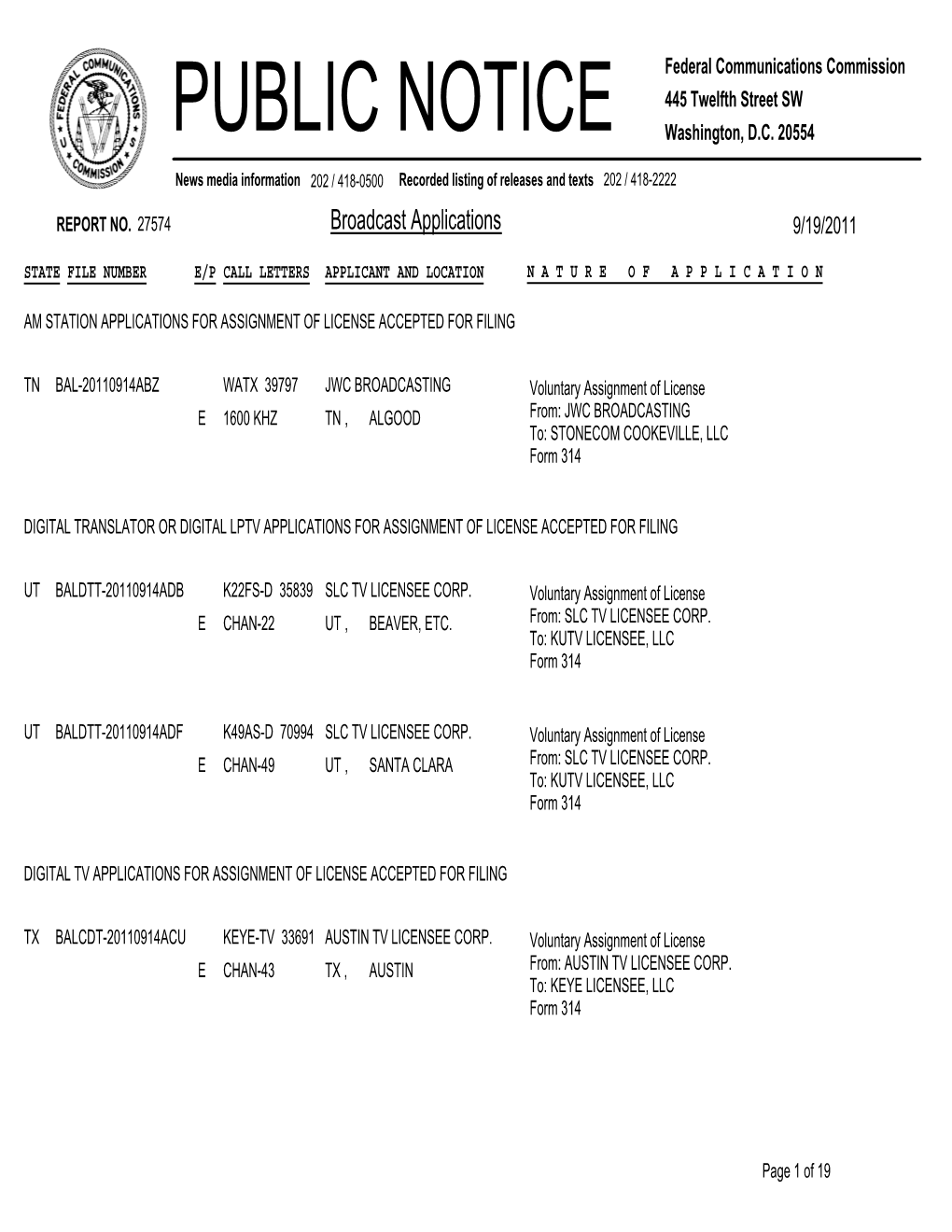 Broadcast Applications 9/19/2011