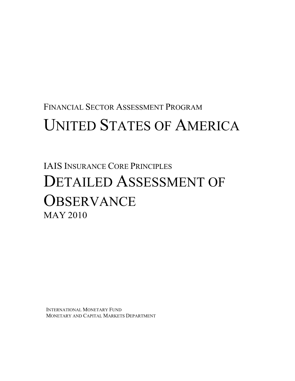 Financial Sector Assessment Program United States of America
