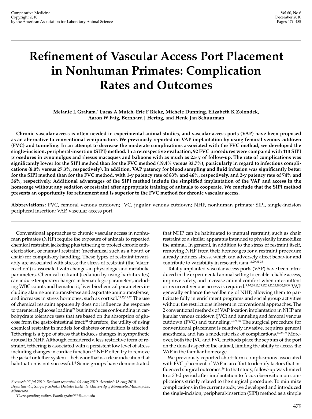 Refinement of Vascular Access Port Placement in Nonhuman Primates: Complication Rates and Outcomes