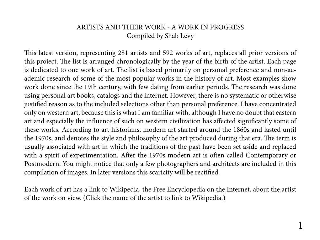 ARTISTS and THEIR WORK - a WORK in PROGRESS Compiled by Shab Levy