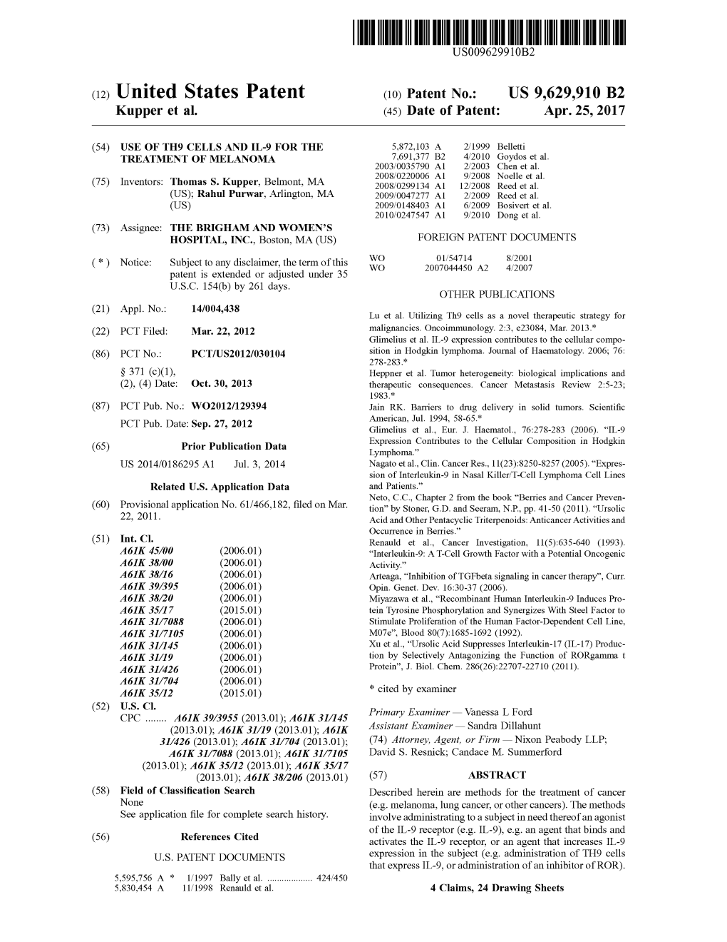 United States Patent (10) Patent No.: US 9,629,910 B2 Kupper Et Al