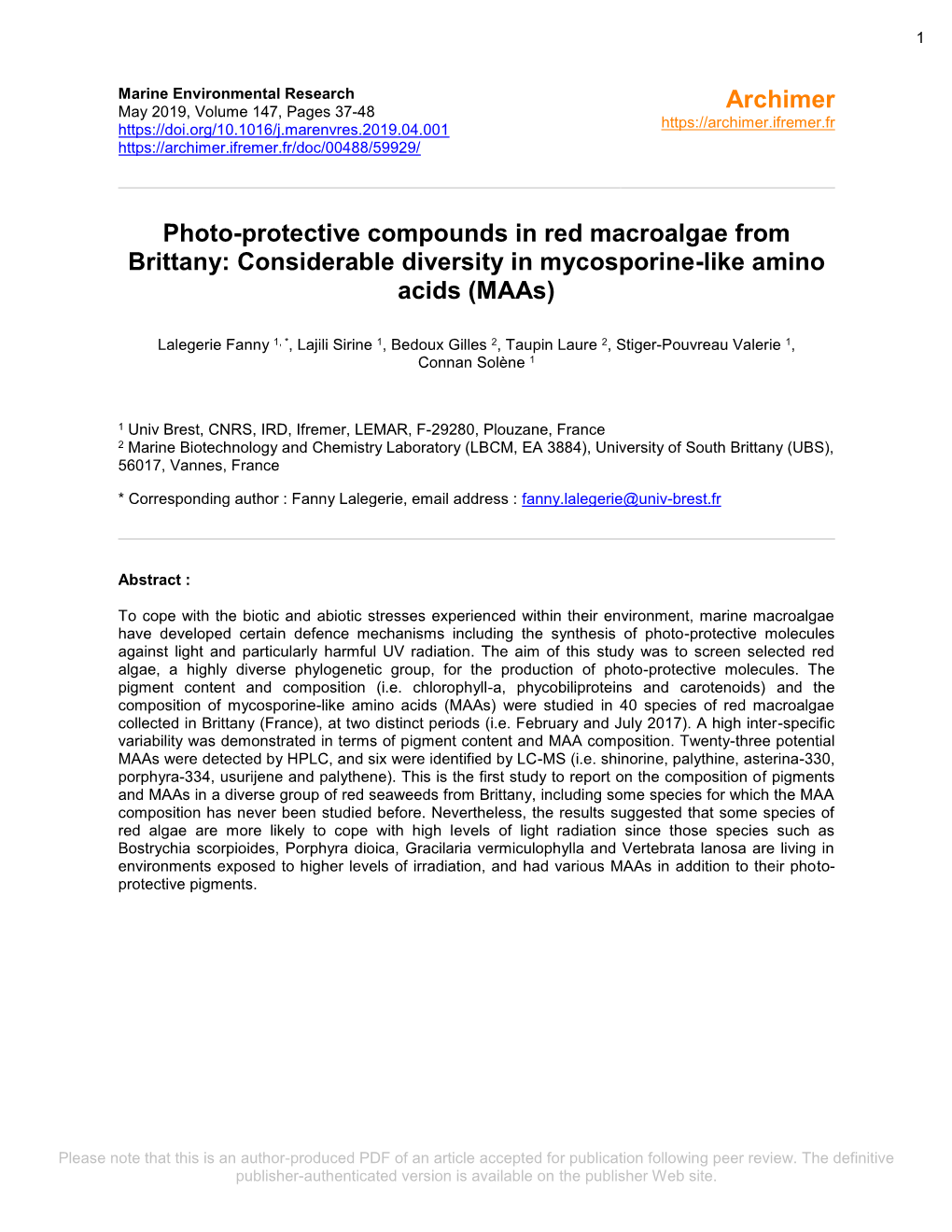 Photo-Protective Compounds in Red Macroalgae from Brittany: Considerable Diversity in Mycosporine-Like Amino Acids (Maas)
