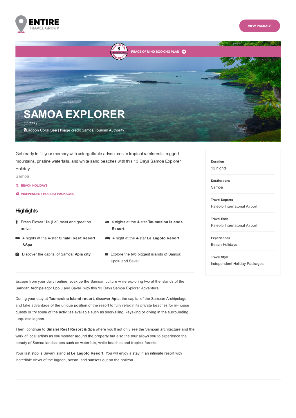 SAMOA EXPLORER (11777) Lagoon Coral Sea | Image Credit Samoa Tourism Authority