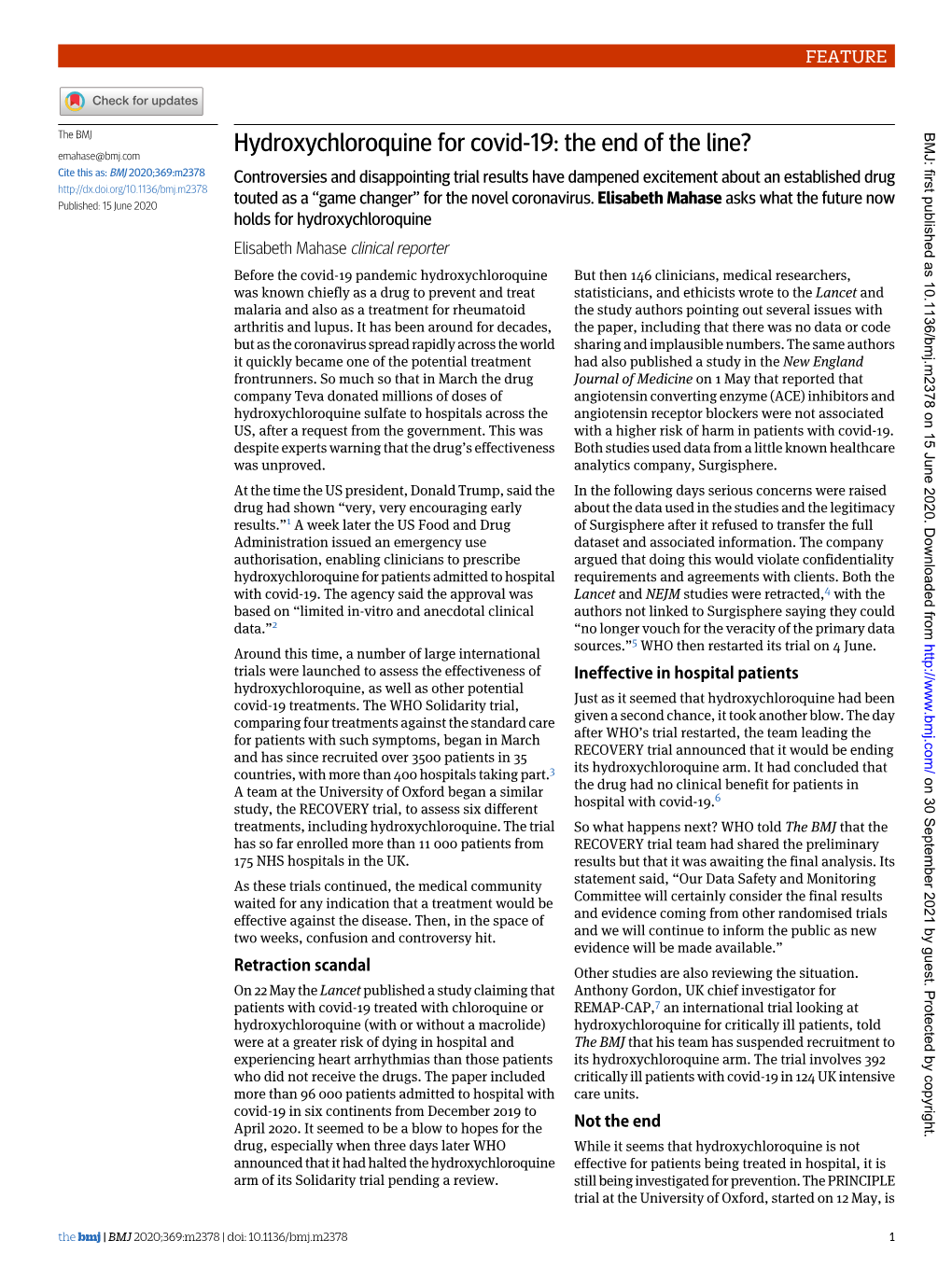 Hydroxychloroquine for Covid-19: the End of the Line?