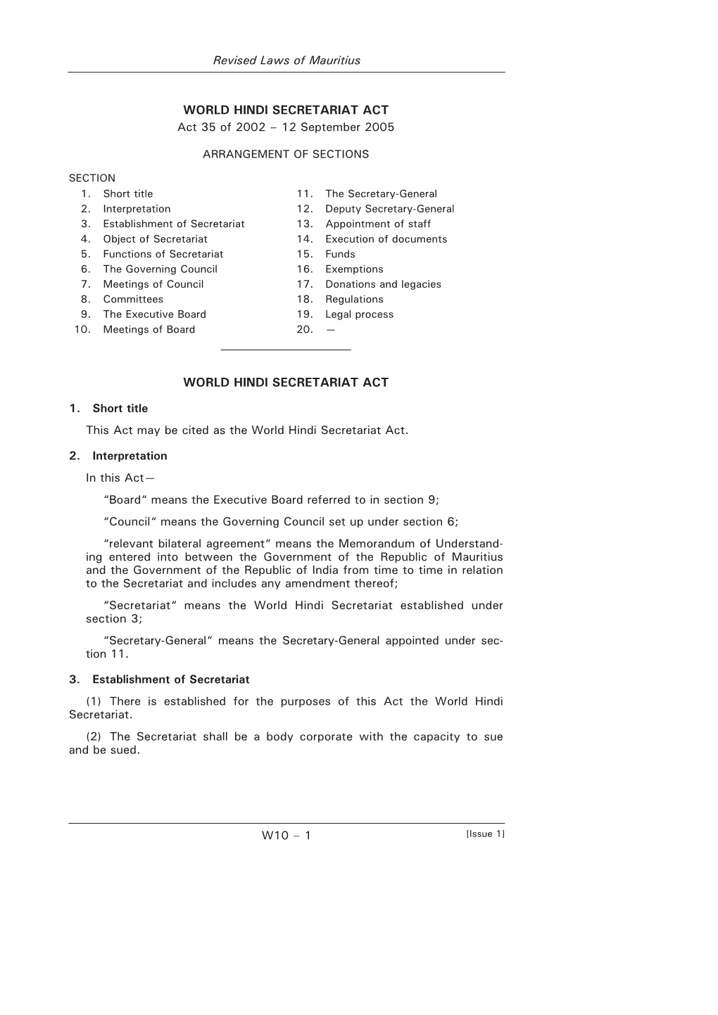 WORLD HINDI SECRETARIAT ACT Act 35 of 2002 – 12 September 2005