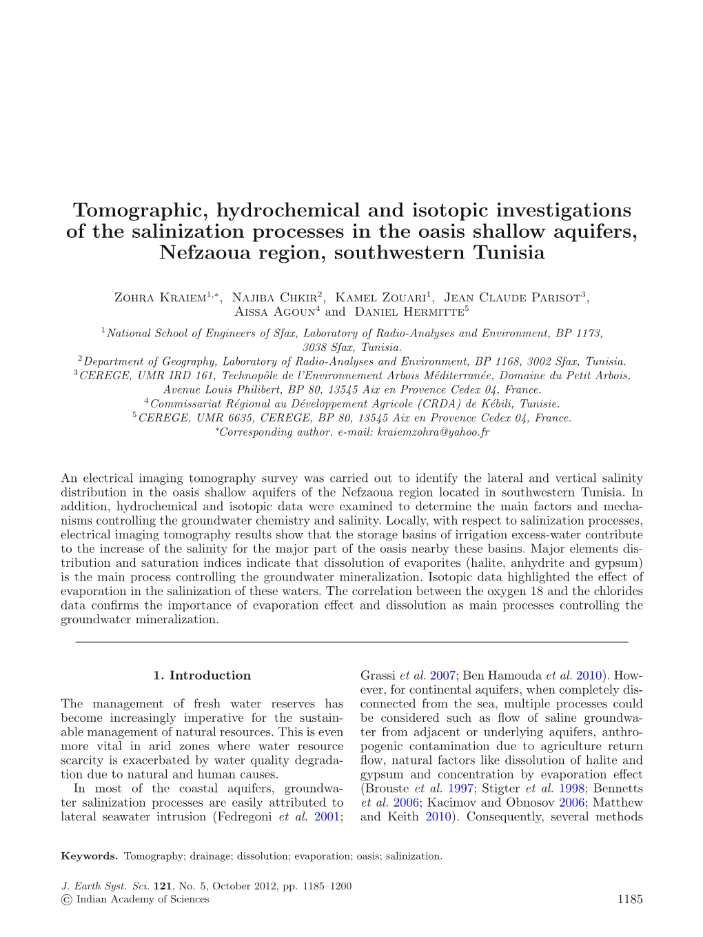 Tomographic, Hydrochemical and Isotopic Investigations of the Salinization Processes in the Oasis Shallow Aquifers, Nefzaoua Region, Southwestern Tunisia