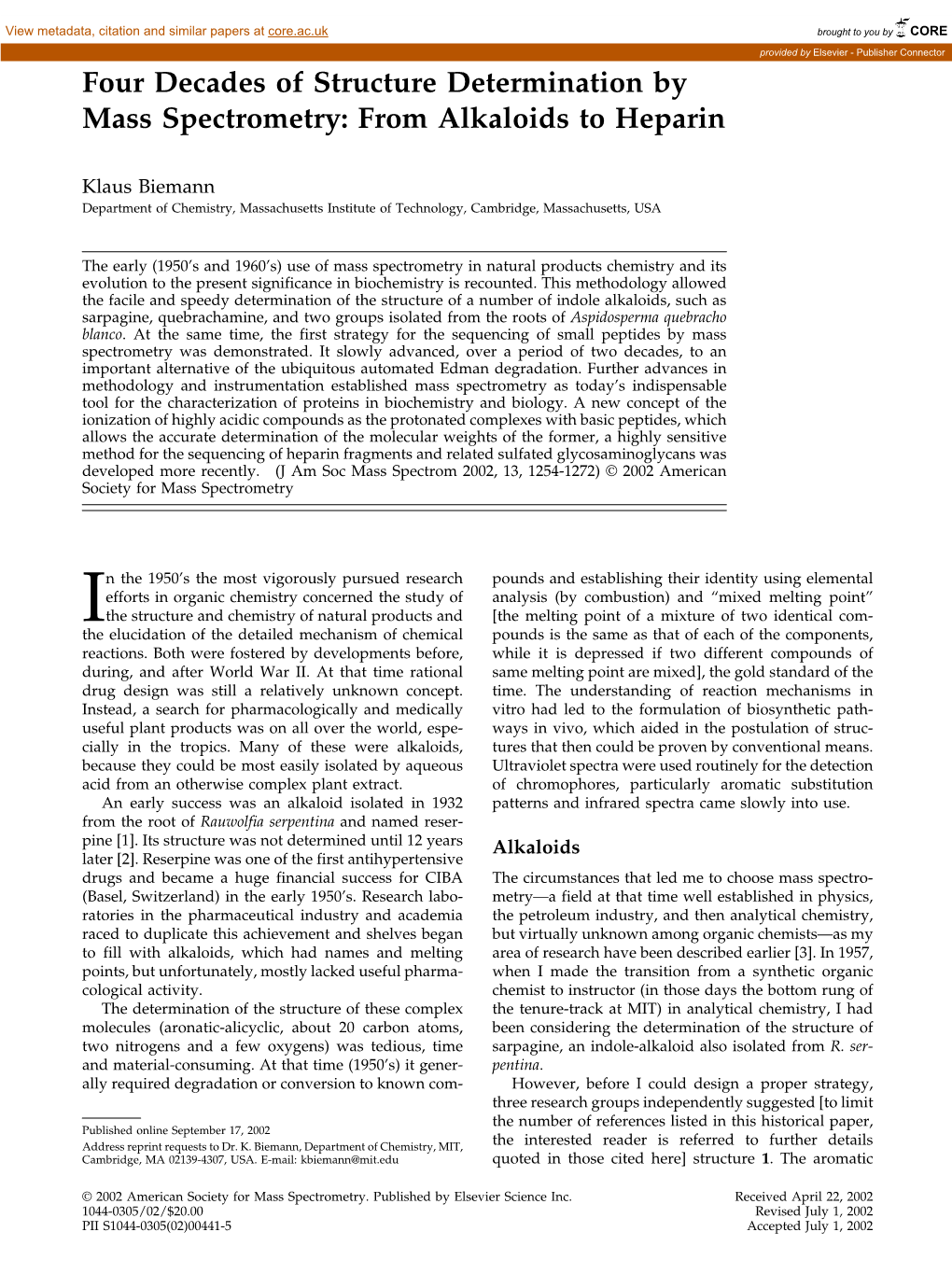 Four Decades of Structure Determination by Mass Spectrometry: from Alkaloids to Heparin