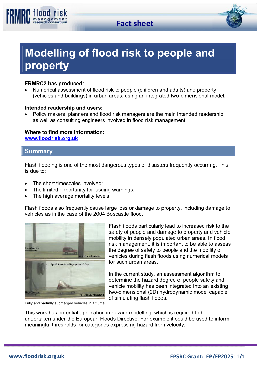 Modelling of Flood Risk to People and Property