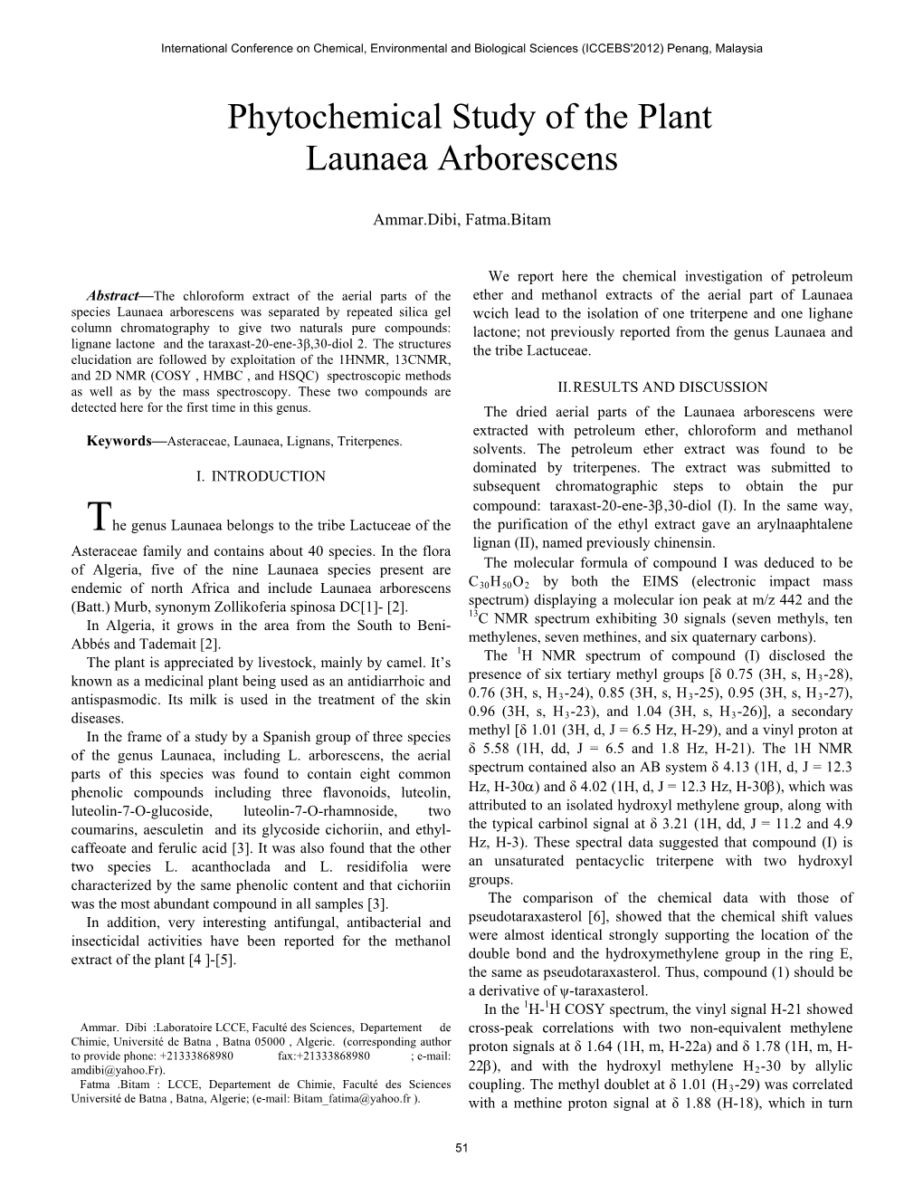 Phytochemical Study of the Plant Launaea Arborescens