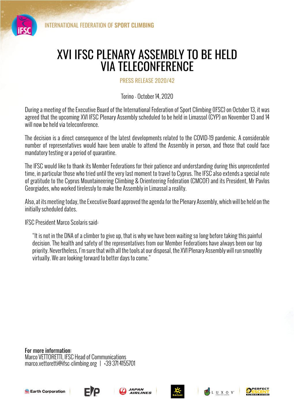Xvi Ifsc Plenary Assembly to Be Held Via Teleconference Press Release 2020/42
