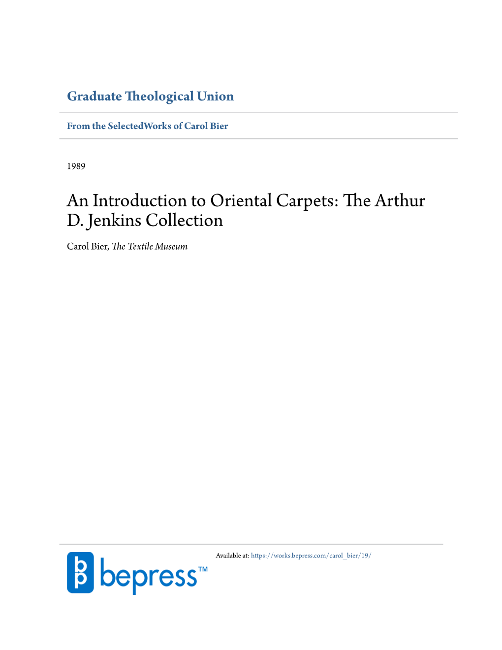 An Introduction to Oriental Carpets: the Arthur D