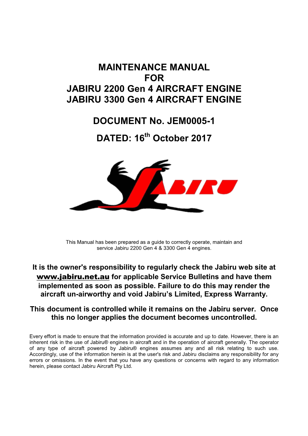 MAINTENANCE MANUAL for JABIRU 2200 Gen 4 AIRCRAFT ENGINE JABIRU 3300 Gen 4 AIRCRAFT ENGINE