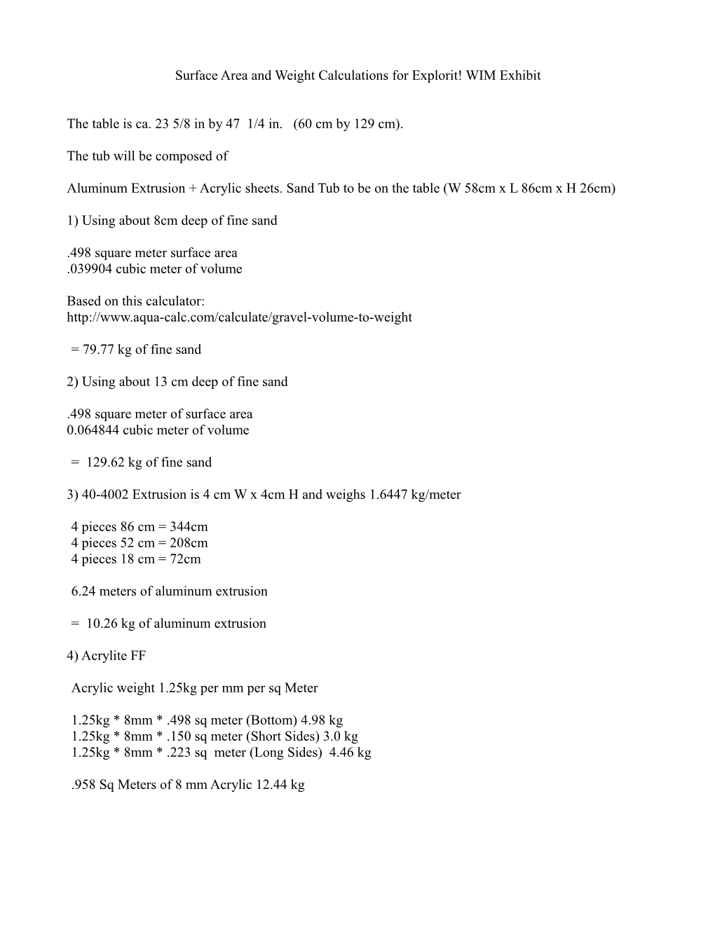 Surface Area and Weight Calculations for Explorit! WIM Exhibit