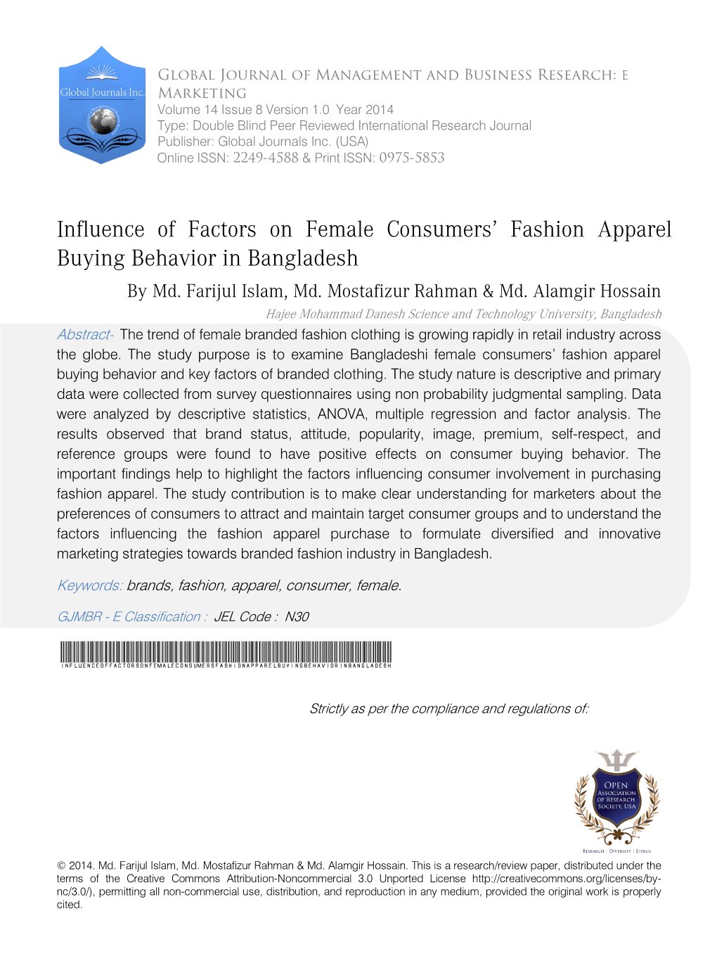 Influence of Factors on Female C Onsumers' Fashion Apparel\Buying