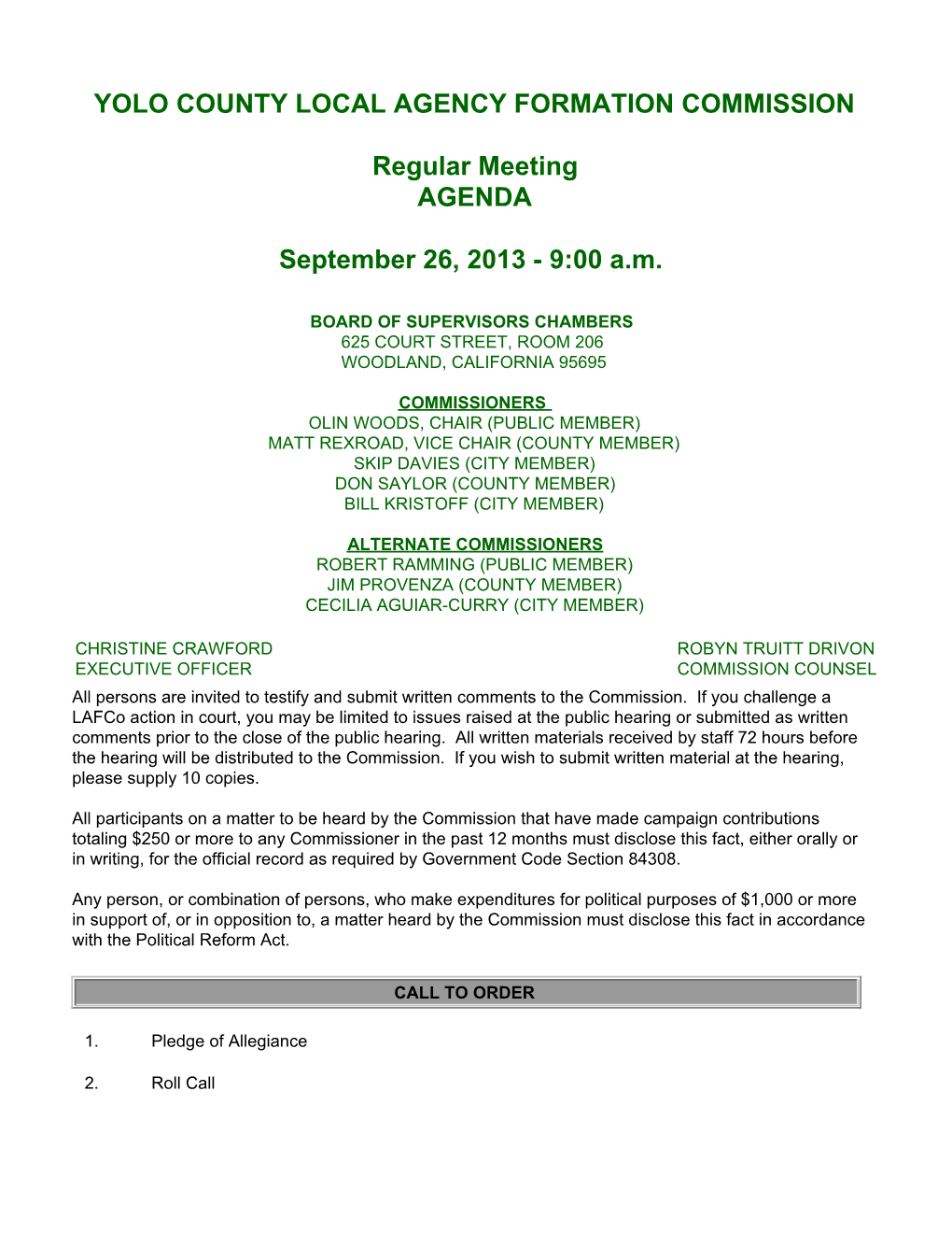 YOLO COUNTY LOCAL AGENCY FORMATION COMMISSION Regular Meeting AGENDA September 26, 2013