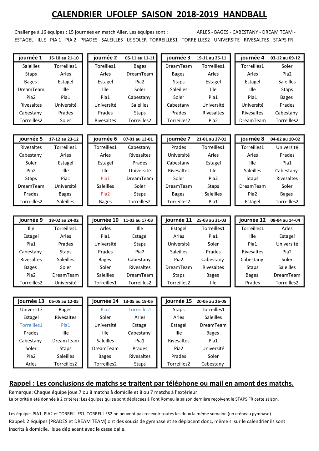 Calendrier Ufolep Saison 2018-2019 Handball