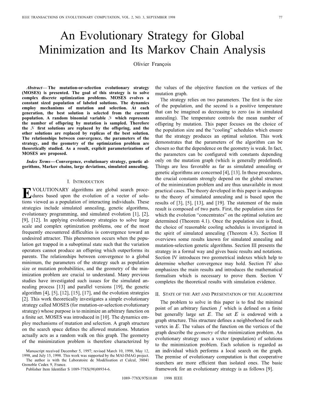 An Evolutionary Strategy for Global Minimization and Its Markov Chain Analysis Olivier Fran¸Cois