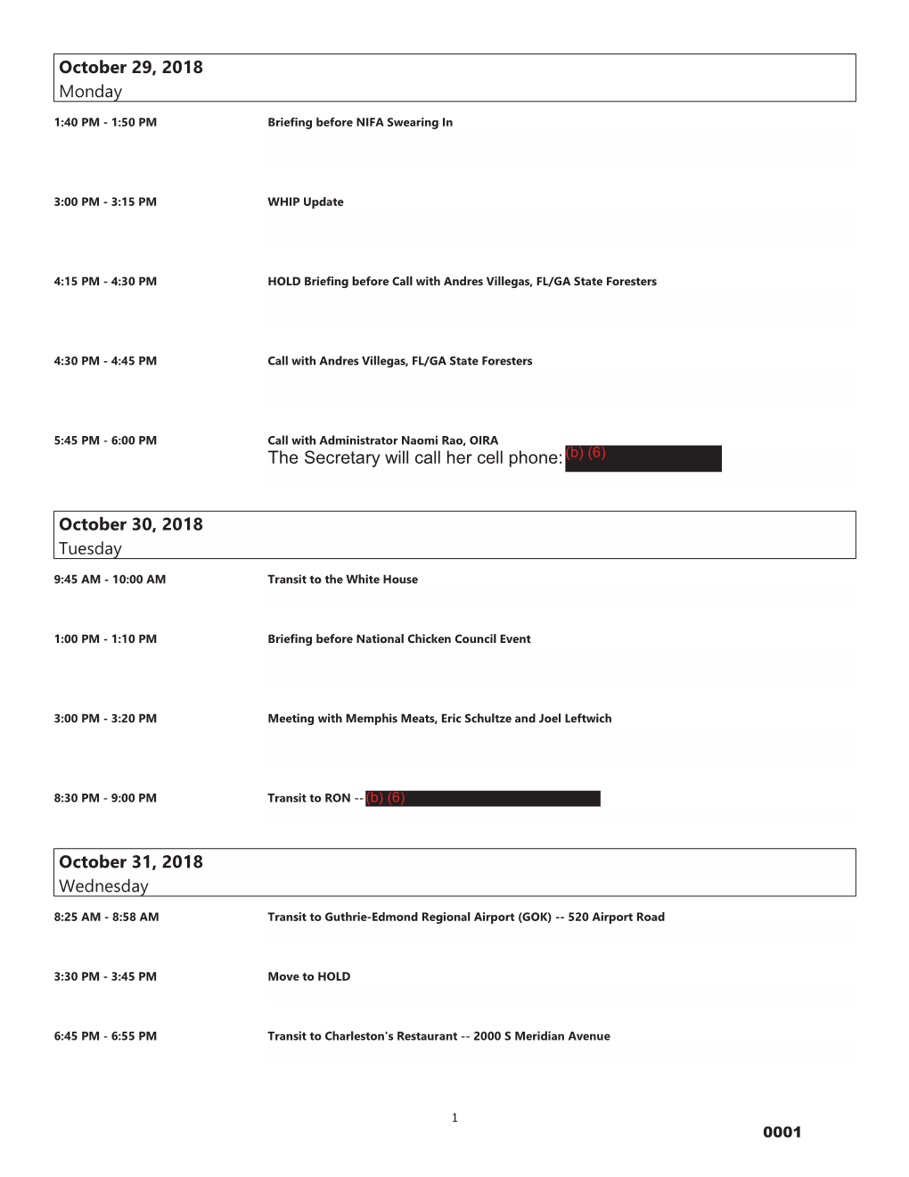 Secretary Perdue's Calendar from October 29, 2018