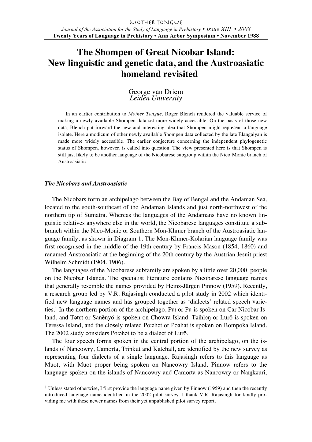 The Shompen of Great Nicobar Island: New Linguistic and Genetic Data, and the Austroasiatic Homeland Revisited