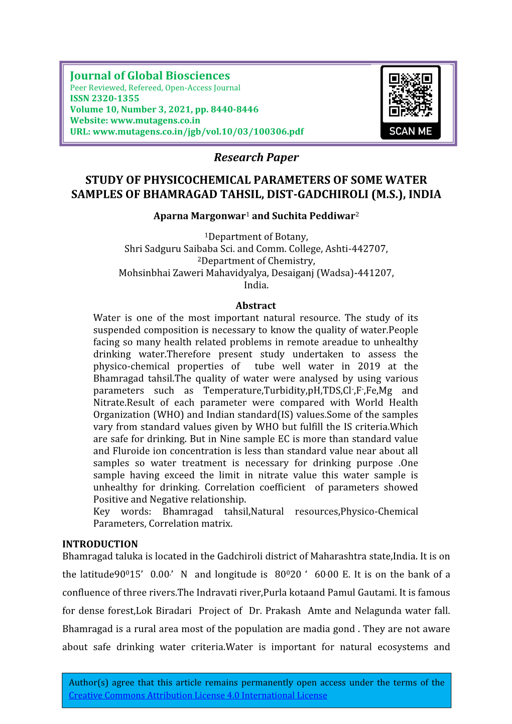 Research Paper STUDY of PHYSICOCHEMICAL PARAMETERS of SOME WATER SAMPLES of BHAMRAGAD TAHSIL, DIST-GADCHIROLI (M.S.), INDIA