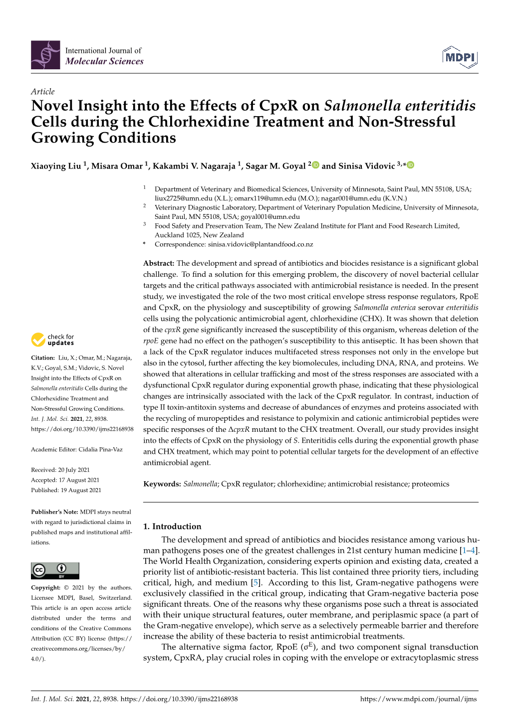 Novel Insight Into the Effects of Cpxr on Salmonella Enteritidis Cells During the Chlorhexidine Treatment and Non-Stressful Growing Conditions