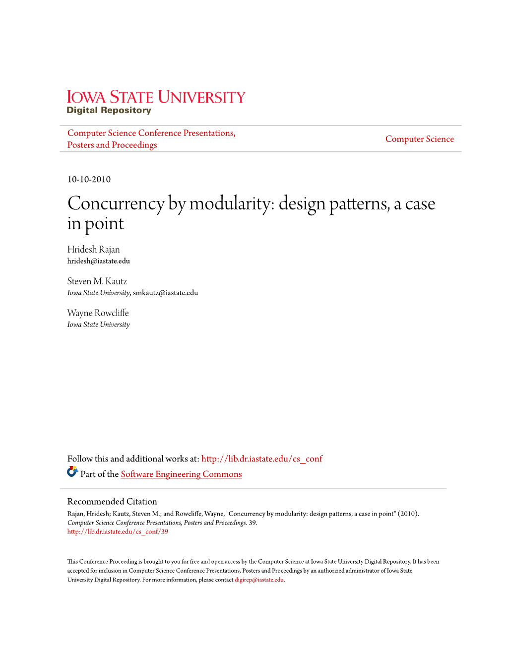 Concurrency by Modularity: Design Patterns, a Case in Point Hridesh Rajan Hridesh@Iastate.Edu