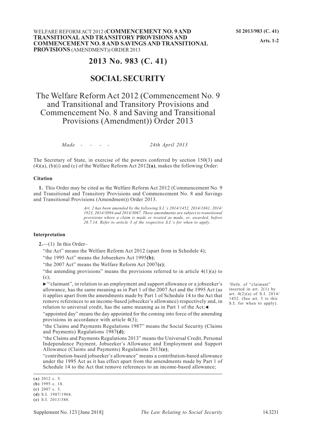 The Welfare Reform Act 2012 (Commencement No