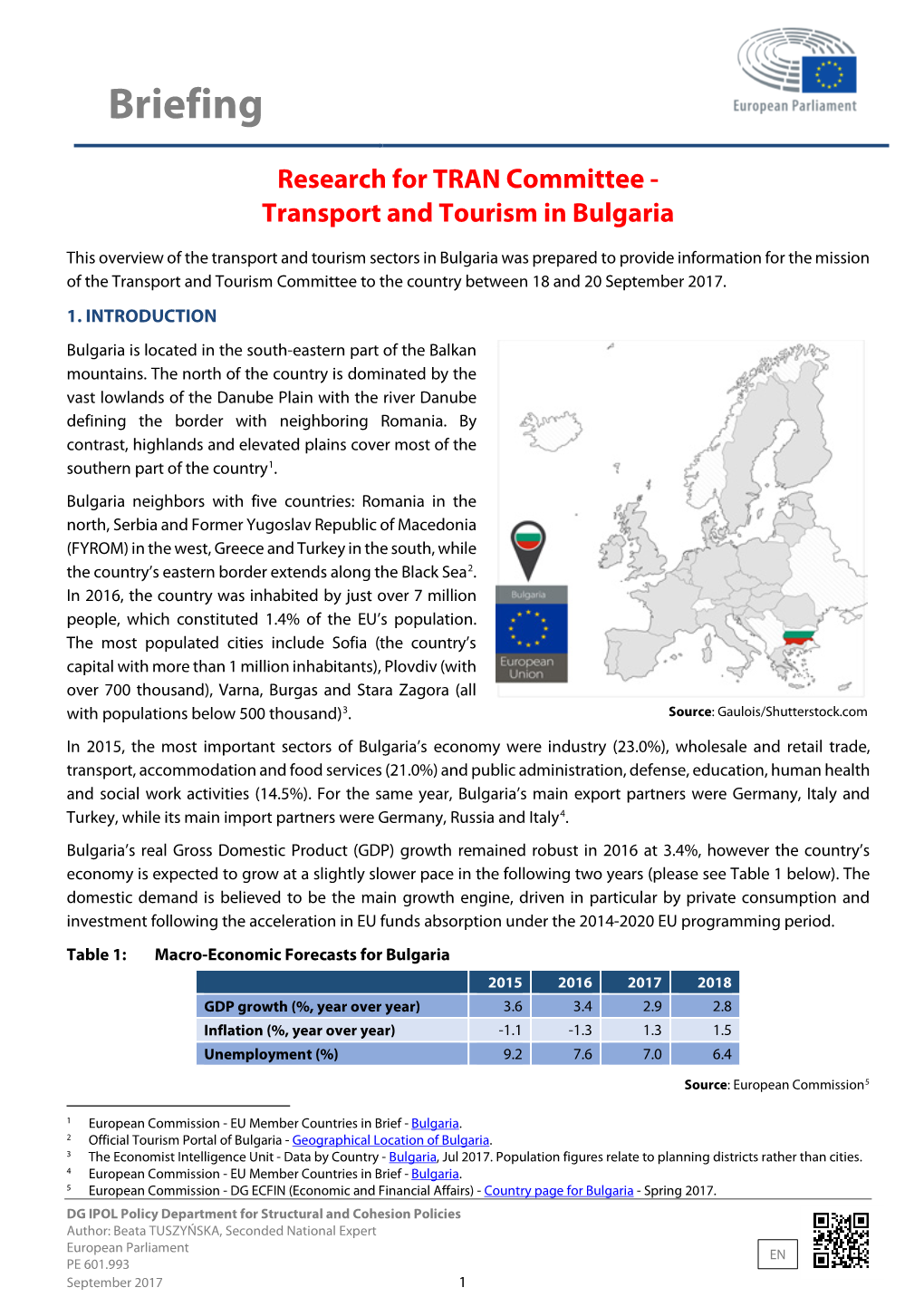 Research for TRAN Committee - Transport and Tourism in Bulgaria
