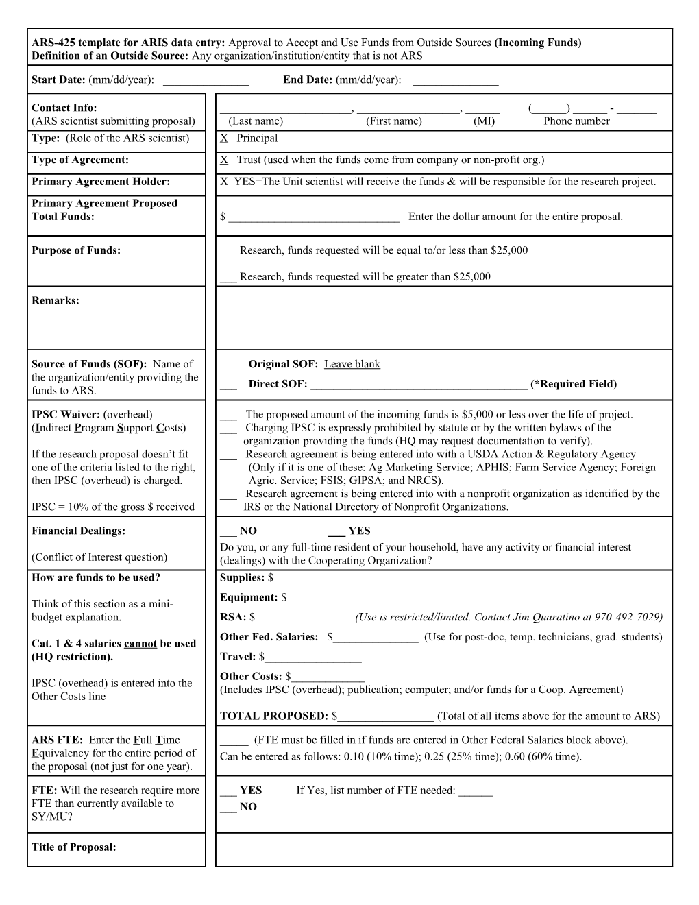 ARS-425 Template for ARIS Data Entry: Approval to Accept and Use Funds from Outside Sources