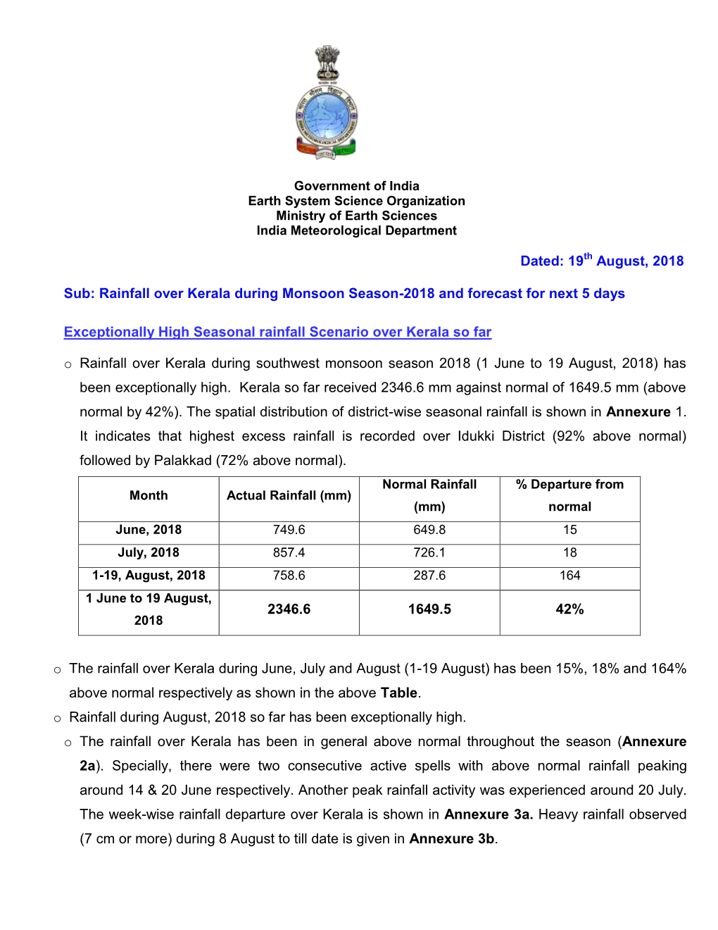 Rainfall Over Kerala During Monsoon Season-2018 and Forecast for Next 5 Days