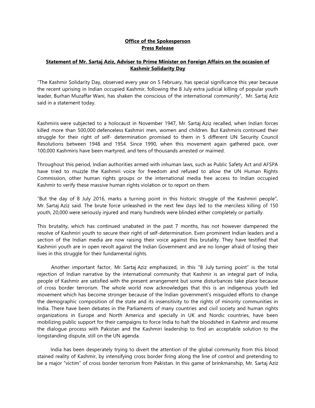 Office of the Spokesperson Press Release Statement of Mr. Sartaj