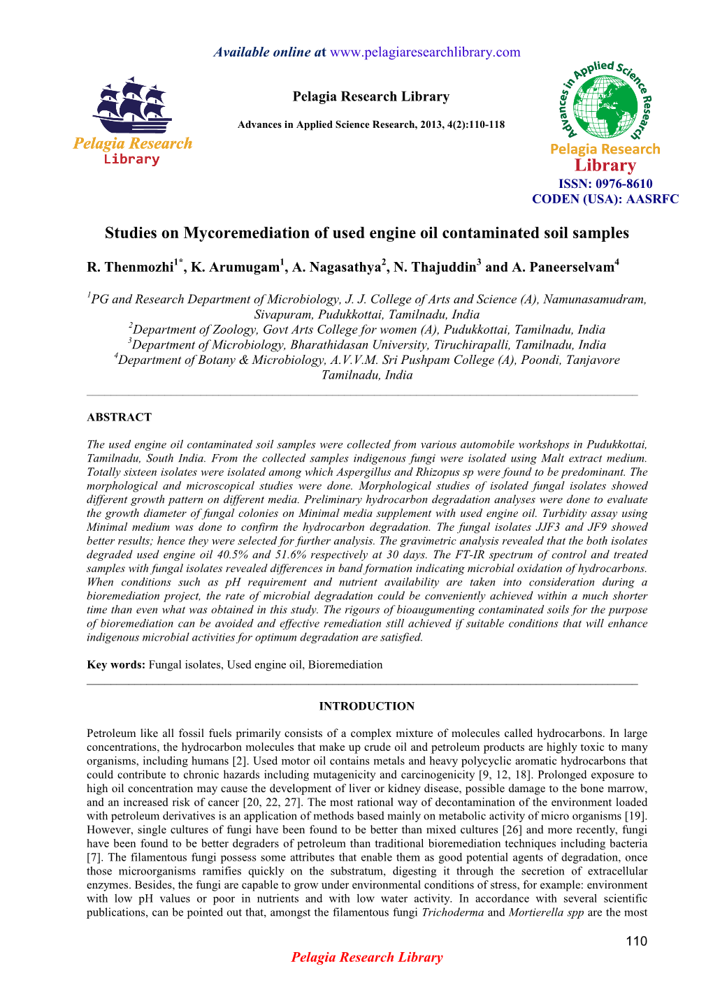 Studies on Mycoremediation of Used Engine Oil Contaminated Soil Samples