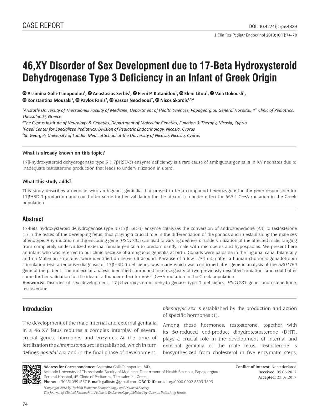 46,XY Disorder of Sex Development Due to 17-Beta Hydroxysteroid Dehydrogenase Type 3 Deficiency in an Infant of Greek Origin