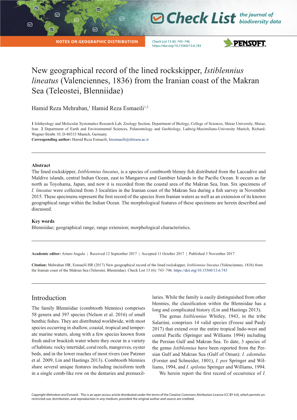 New Geographical Record of the Lined Rockskipper, Istiblennius Lineatus (Valenciennes, 1836) from the Iranian Coast of the Makran Sea (Teleostei, Blenniidae)