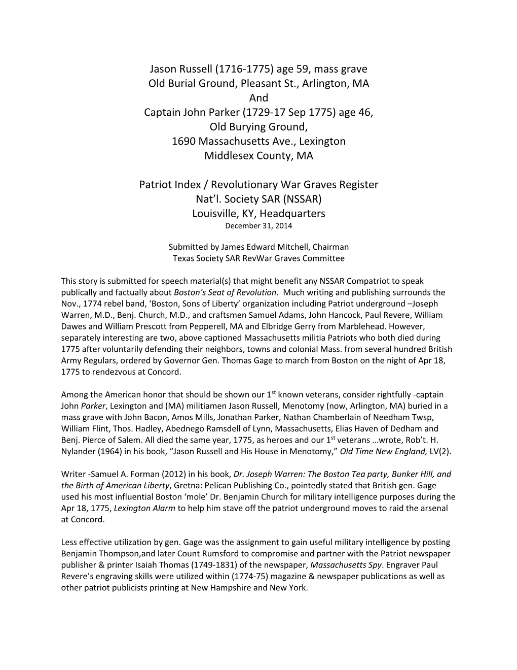 Jason Russell (1716-1775) Age 59, Mass Grave Old Burial Ground, Pleasant St., Arlington, MA and Captain John Parker