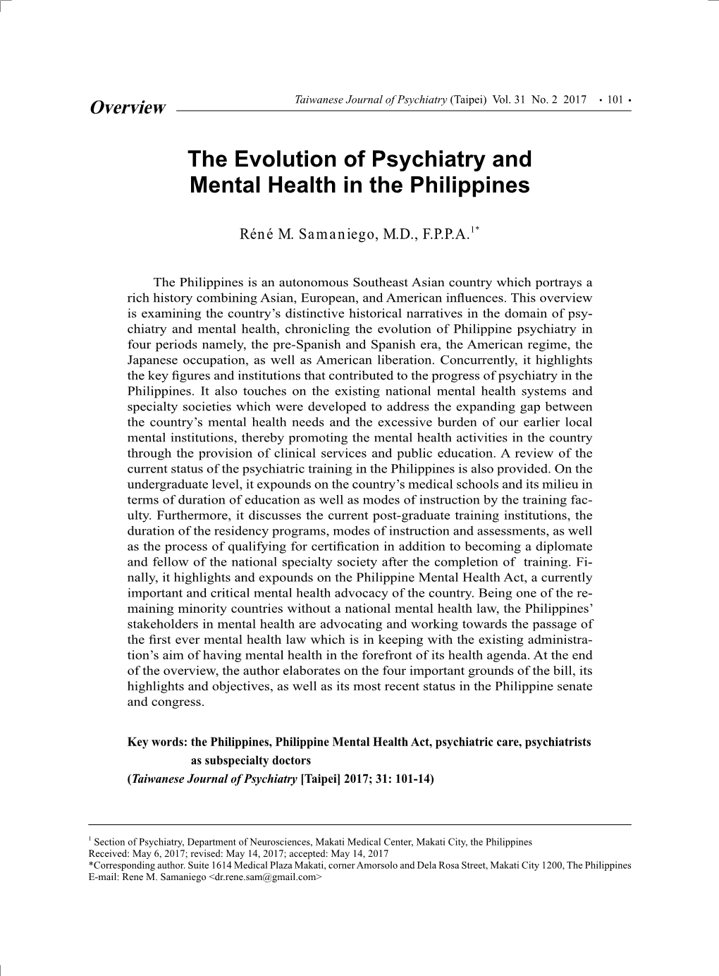 The Evolution of Psychiatry and Mental Health in the Philippines
